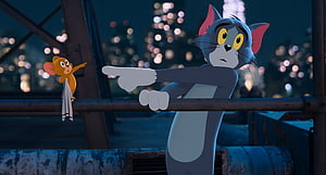 Tom and Jerry Animated Rooftop Scene with City Lights at Night HD wallpaper