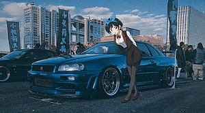 Anime Girl Leaning on Blue Nissan Skyline GT-R R34 in Urban Car Meet HD wallpaper