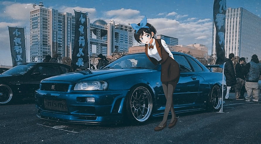 Anime Girl Leaning on Blue Nissan Skyline GT-R R34 in Urban Car Meet HD wallpaper