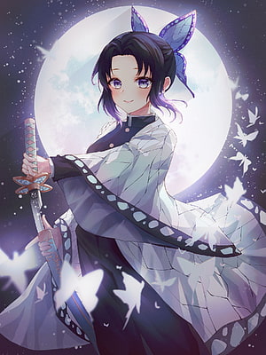Kochou Shinobu from Demon Slayer in a white haori with butterfly motifs under a full moon HD phone wallpaper