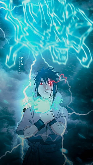 Sasuke Uchiha Channeling Rinnegan Power with Lightning Aura in Anime Artwork HD phone wallpaper