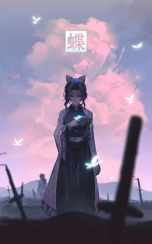 Butterfly Hashira Shinobu Kocho from Demon Slayer in a Dreamy Twilight Landscape HD phone wallpaper