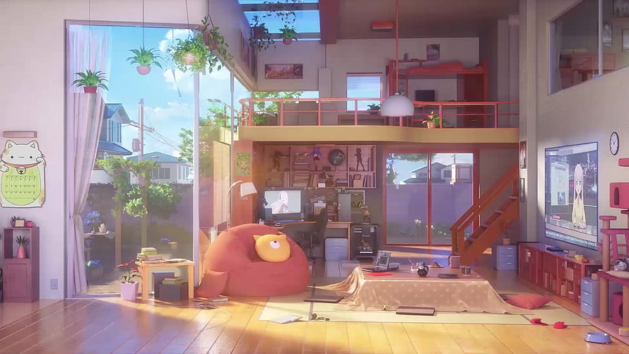 Cozy Anime Style Living Room Interior With Bean Bag And Plants HD wallpaper