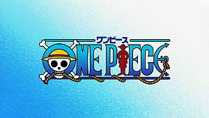 One Piece Official Logo Featuring Straw Hat Skull and Jolly Roger on Blue Water Background HD wallpaper