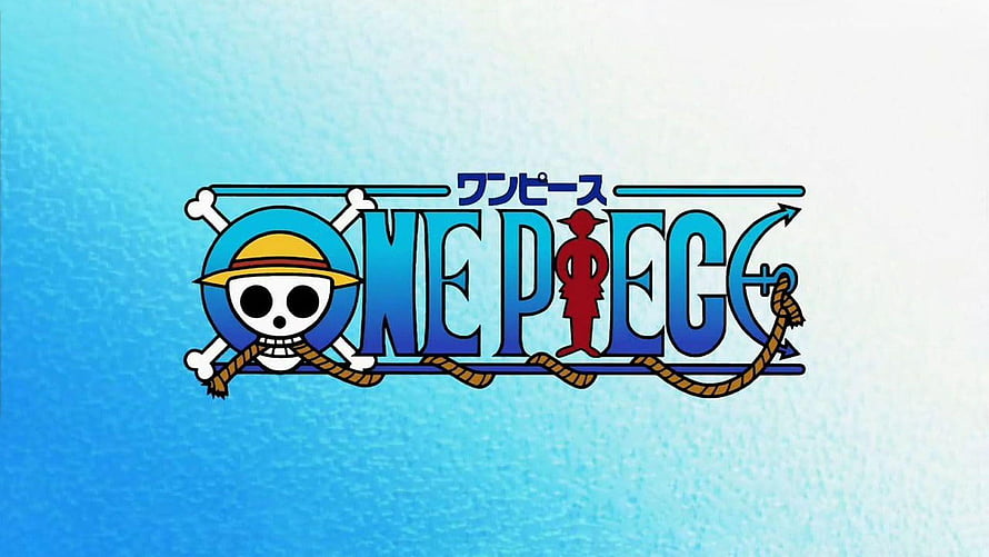 One Piece Official Logo Featuring Straw Hat Skull and Jolly Roger on Blue Water Background HD wallpaper