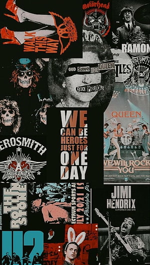 Vintage Rock Music Poster Collage Featuring Queen, Aerosmith, U2, and Jimi Hendrix HD phone wallpaper