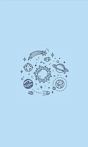 Cute Solar System Line Art Illustration With Planets And Stars On Light Blue Background HD phone wallpaper