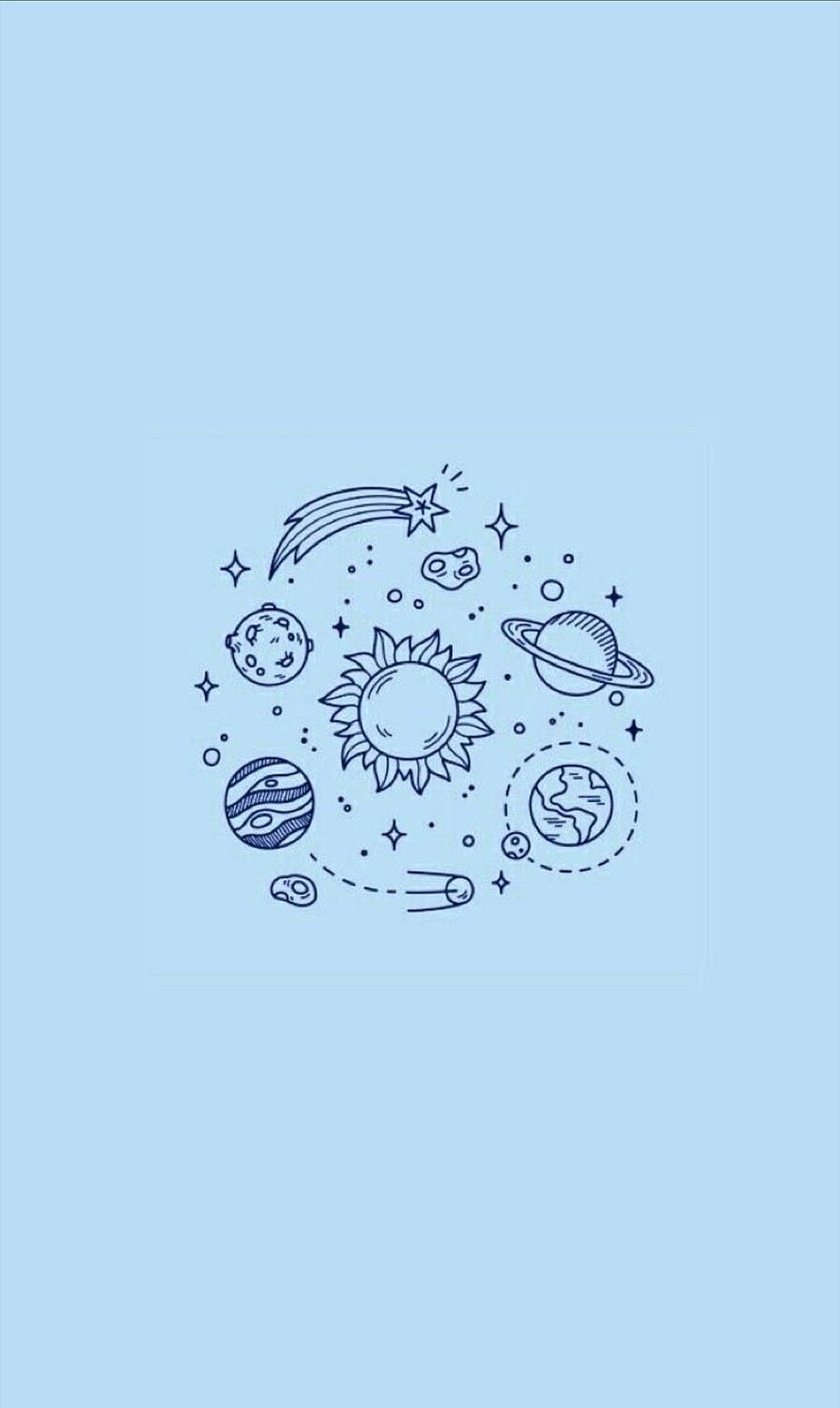 Cute Solar System Line Art Illustration With Planets And Stars On Light Blue Background HD phone wallpaper