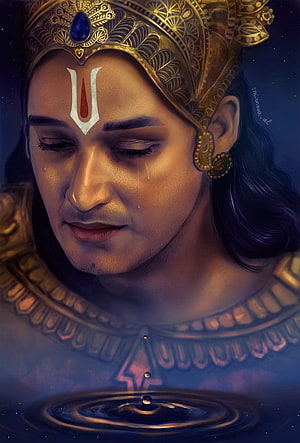 Emotional portrait of Lord Krishna crying with tears falling into water ripples, digital art HD phone wallpaper