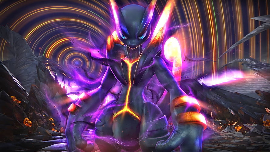 Shadow Mewtwo with glowing energy aura and swirling vortex background HD wallpaper