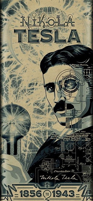 Nikola Tesla Vintage Portrait with Tesla Coil and Electrical Schematics HD phone wallpaper
