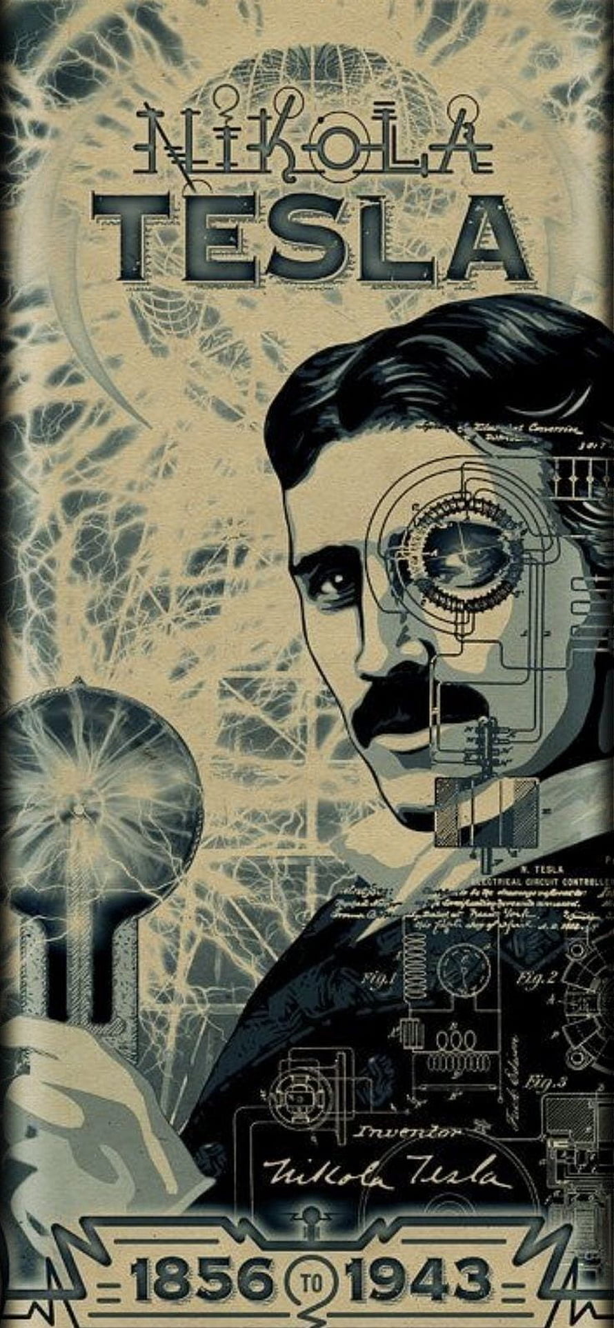 Nikola Tesla Vintage Portrait with Tesla Coil and Electrical Schematics HD phone wallpaper