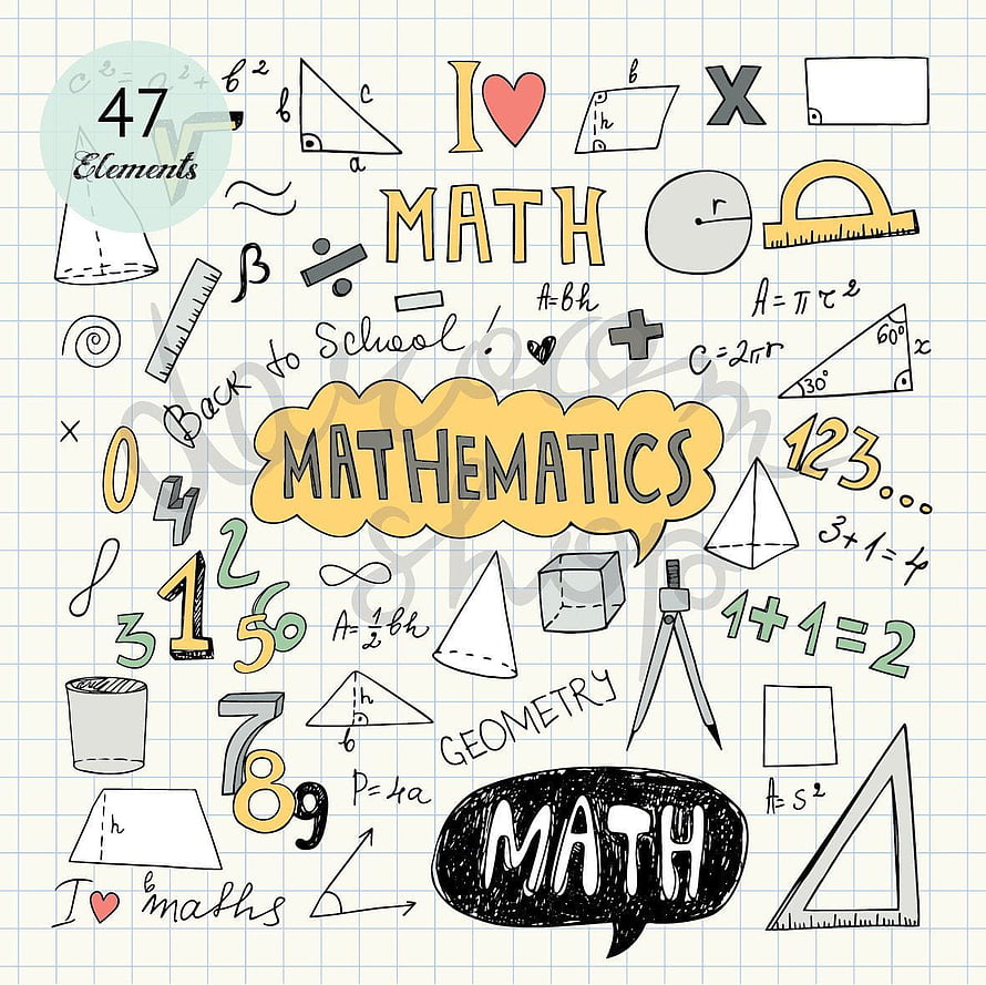 Hand-Drawn Mathematics Doodle Collection with Geometry Shapes and Formulas on Grid Paper HD wallpaper