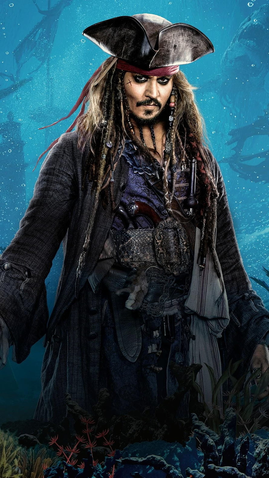 Captain Jack Sparrow Standing in Underwater Scene with Pirate Costume and Tricorn Hat HD phone wallpaper