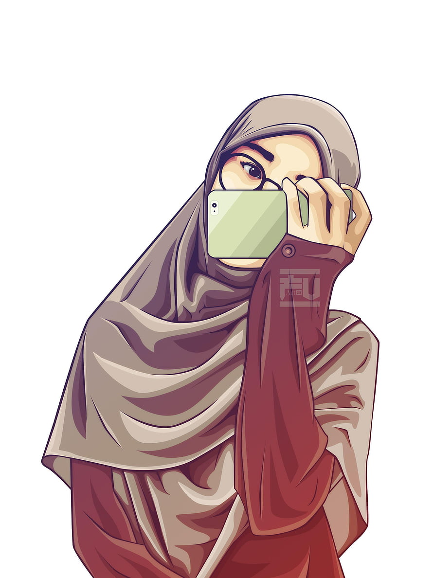 Illustration of a Muslim woman in hijab holding a smartphone to her face, Gambar Kartun Nurse Muslimah Gambar in 2019, anime hijab HD phone wallpaper