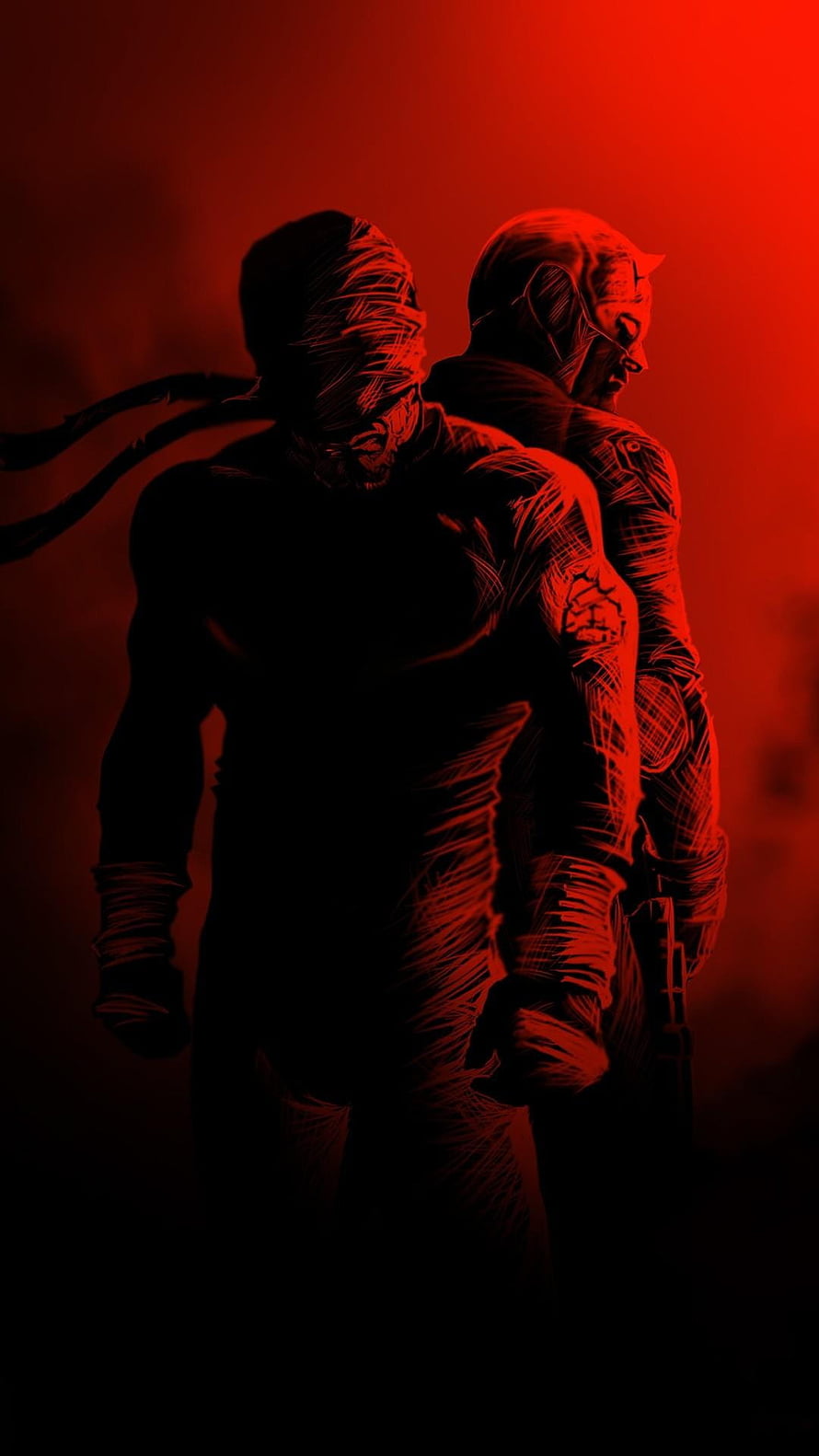 Daredevil and Punisher standing back to back in dramatic red and black comic art HD phone wallpaper
