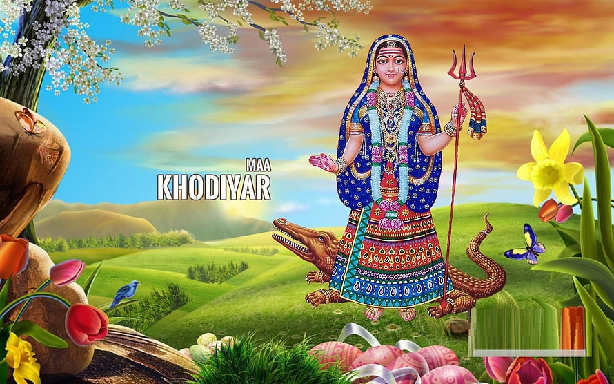 Maa Khodiyar Hindu Goddess Wallpaper with Crocodile Mount and Trishul in Nature HD wallpaper