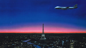 Tsuneo Sanda 1986 illustration of the Eiffel Tower at dusk with a Japan Air Lines aircraft in flight HD wallpaper