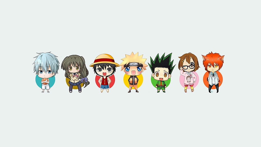 Chibi Anime Characters Lineup Featuring Luffy, Naruto, Gon, and More HD wallpaper