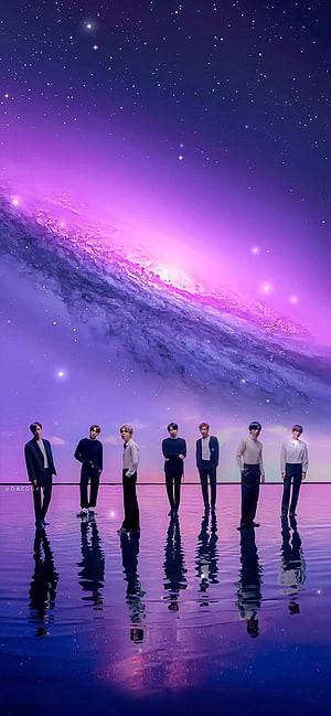 BTS Standing in a Row on a Reflective Surface Under a Purple Nebula Sky HD phone wallpaper
