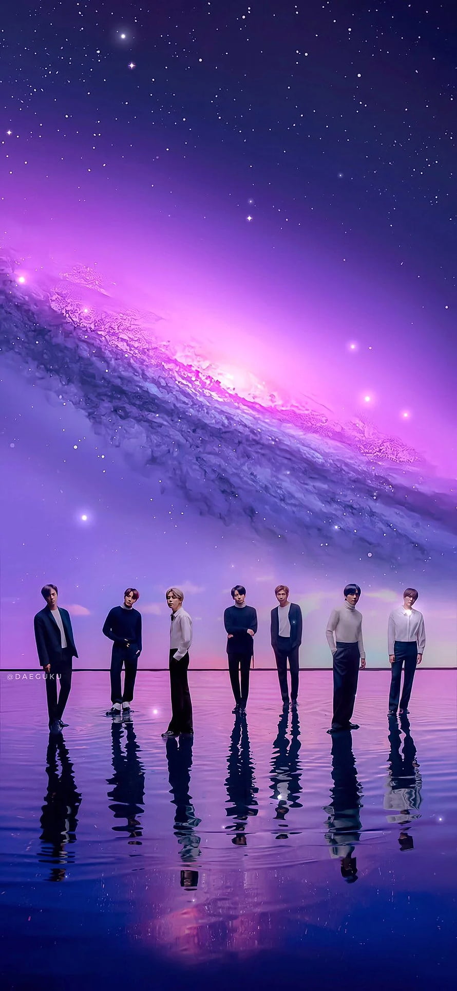 BTS Standing in a Row on a Reflective Surface Under a Purple Nebula Sky HD phone wallpaper