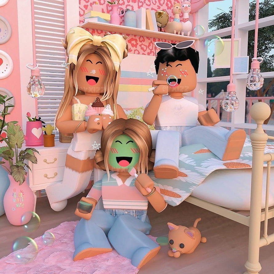 Three Roblox Avatars Enjoying a Playful Afternoon in a Pastel Bedroom HD phone wallpaper
