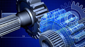 3D Mechanical Gear Assembly with Wireframe Blueprint Overlay on Blue Grid Background HD wallpaper