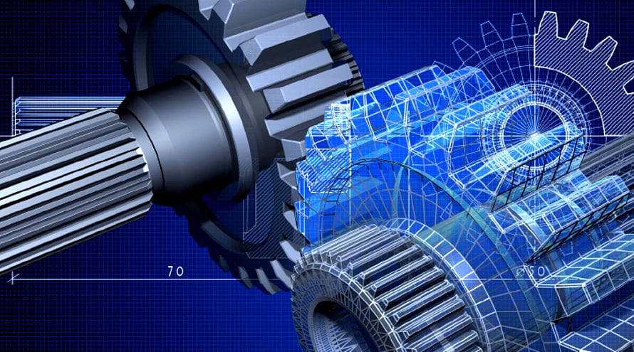 3D Mechanical Gear Assembly with Wireframe Blueprint Overlay on Blue Grid Background HD wallpaper