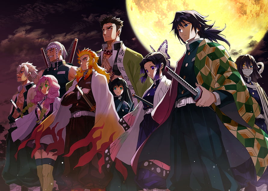 Demon Slayer Hashira Group Portrait Under Full Moon Anime Illustration HD wallpaper