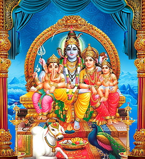 Lord Shiva with Parvati, Ganesha, and Kartikeya Family Portrait with Nandi and Peacock HD phone wallpaper