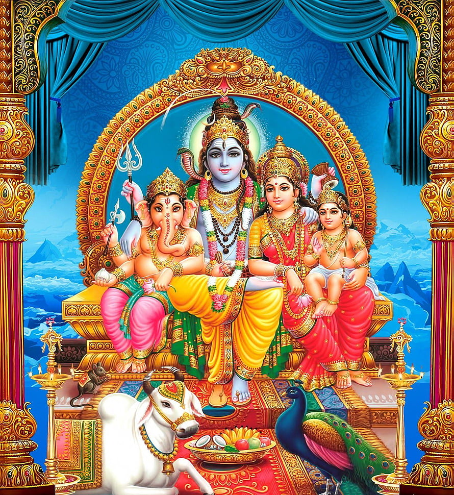 Lord Shiva with Parvati, Ganesha, and Kartikeya Family Portrait with Nandi and Peacock HD phone wallpaper
