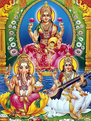 Lakshmi Ganesh Saraswati Hindu Deity Painting with Lotus and Musical Instruments HD phone wallpaper