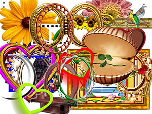 Colorful Wedding Clip Art Collage with Hearts, Flowers, and Ornate Frames HD wallpaper
