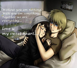 Romantic Anime Couple Embracing in Bed with Rainy Window View and Love Quote HD wallpaper