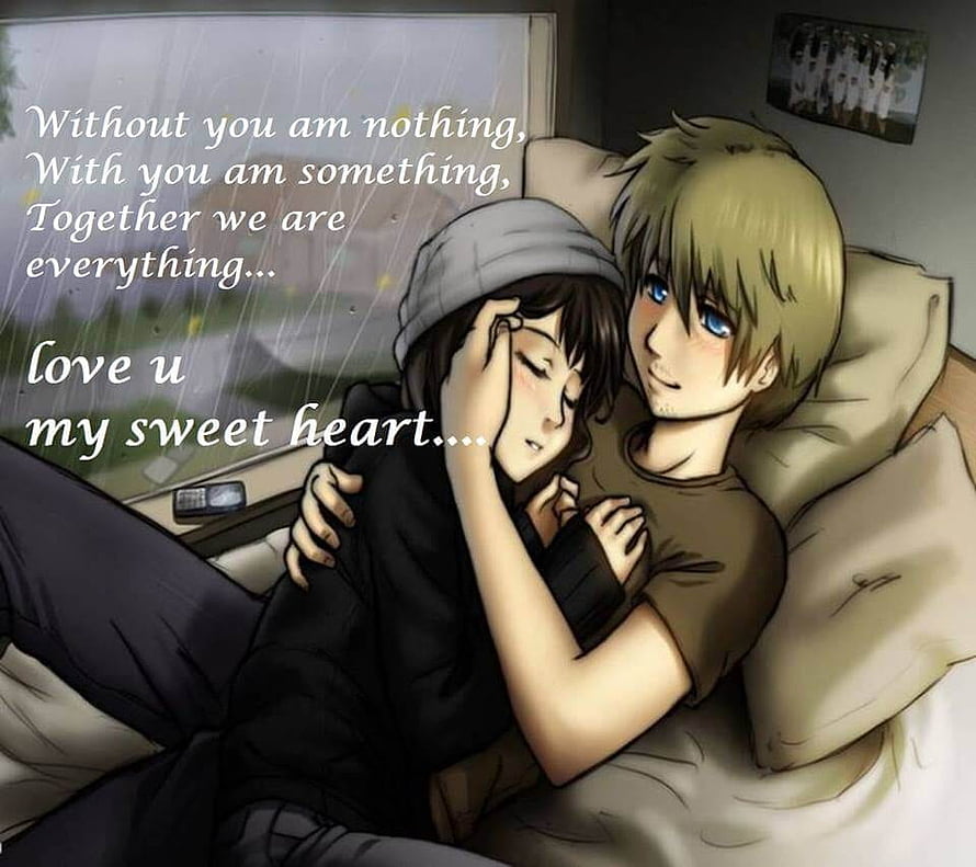 Romantic Anime Couple Embracing in Bed with Rainy Window View and Love Quote HD wallpaper