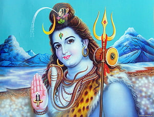 Lord Shiva with Trishul and Snake in Himalayan Landscape HD wallpaper
