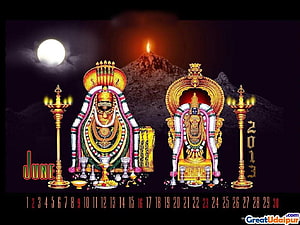 Lord Venkateswara and Annamalaiyar Temple Deities with Oil Lamps and Full Moon HD wallpaper