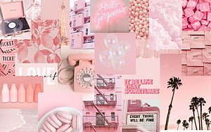 Light Pink Aesthetic Collage with Macarons, Retro Phone, and Palm Trees HD wallpaper