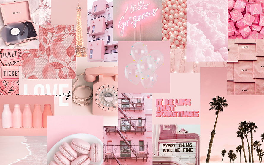 Light Pink Aesthetic Collage with Macarons, Retro Phone, and Palm Trees HD wallpaper