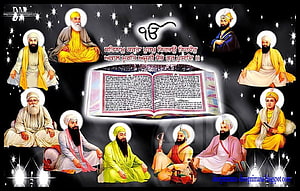 Ten Sikh Gurus and Guru Granth Sahib with Gurmukhi Script on Starry Background HD wallpaper