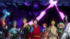 One Piece Wano Country Crew Confronting Kaido in Dramatic Anime Scene HD wallpaper