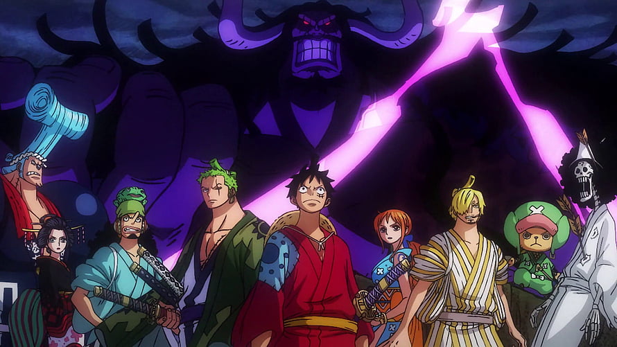 One Piece Wano Country Crew Confronting Kaido in Dramatic Anime Scene HD wallpaper