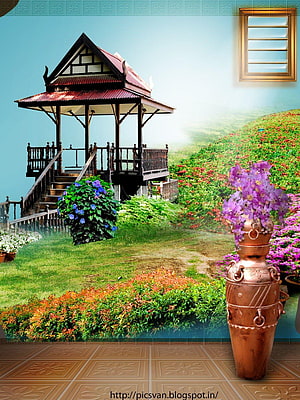 Traditional Thai Pavilion in Lush Garden with Copper Vase and Purple Flowers HD phone wallpaper