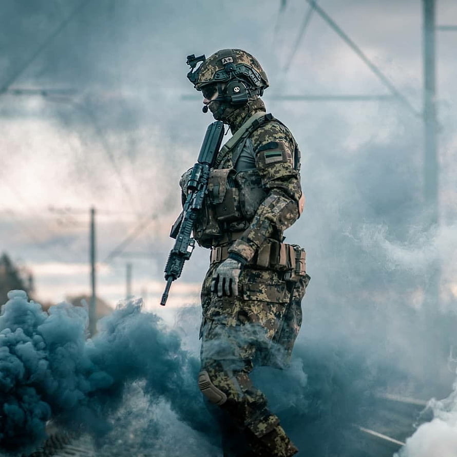 Special Forces Soldier in Digital Camouflage Standing in Blue Smoke HD phone wallpaper