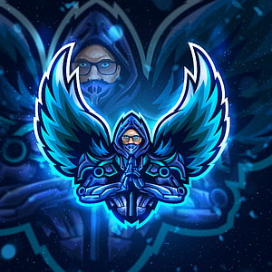 Glowing Blue Esports Gaming Logo with Hooded Figure and Wings HD phone wallpaper