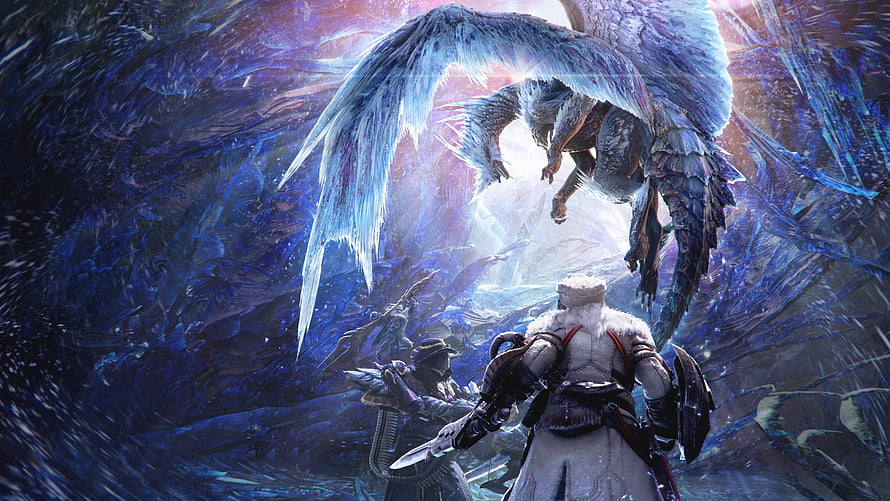 Monster Hunter World Iceborne: Hunters Confronting a Massive Winged Dragon in a Frozen Cavern HD wallpaper
