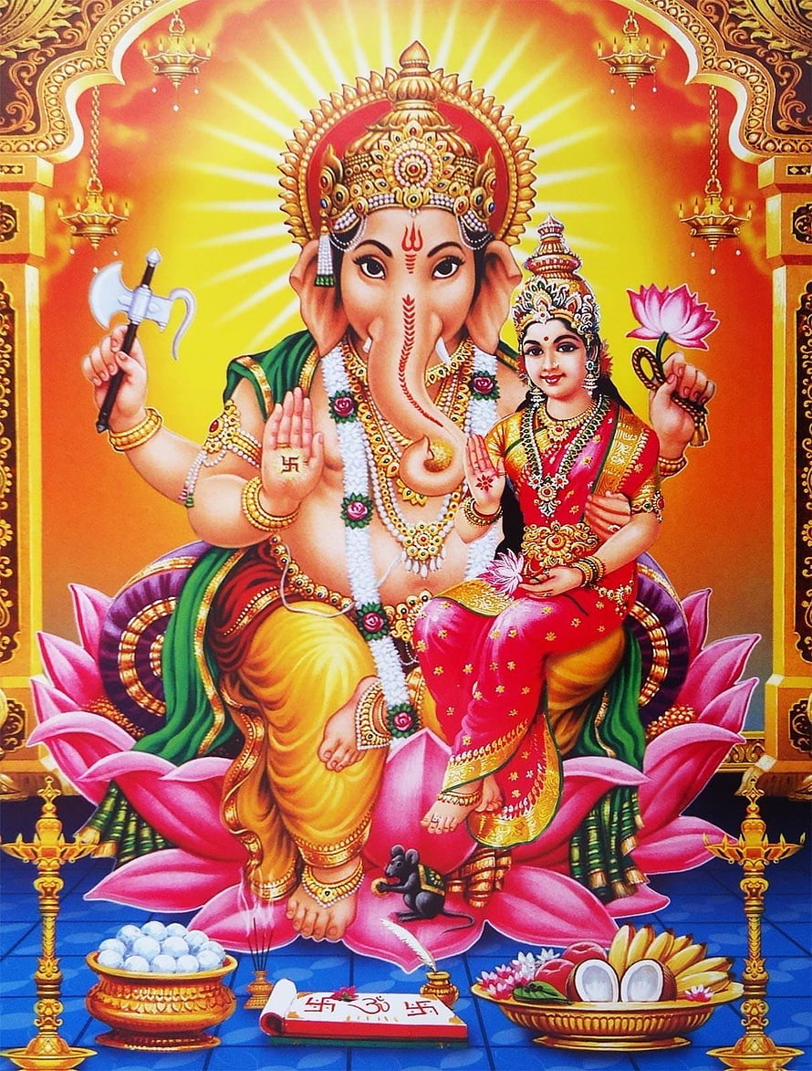 Ganesha and Riddhi Siddhi Seated on Lotus with Offerings and Divine Aura HD phone wallpaper