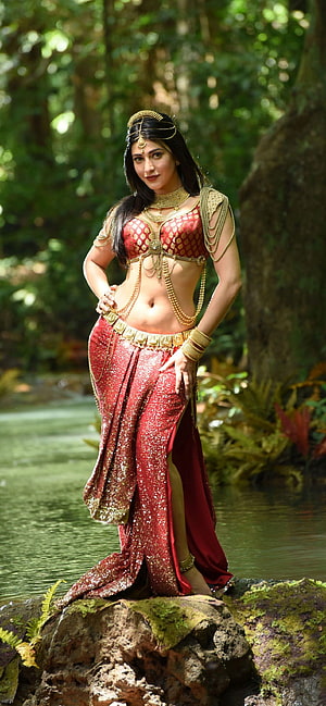 Shruti Haasan in ornate red and gold costume standing on mossy rock by a forest stream HD phone wallpaper