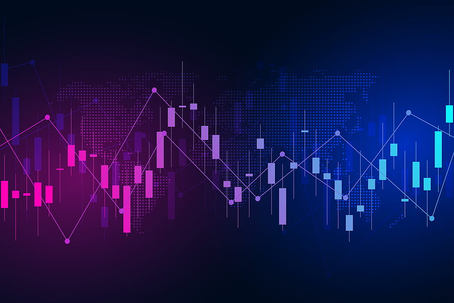 Neon Candlestick Chart and Line Graph Over Global Map with Purple and Blue Gradient HD wallpaper