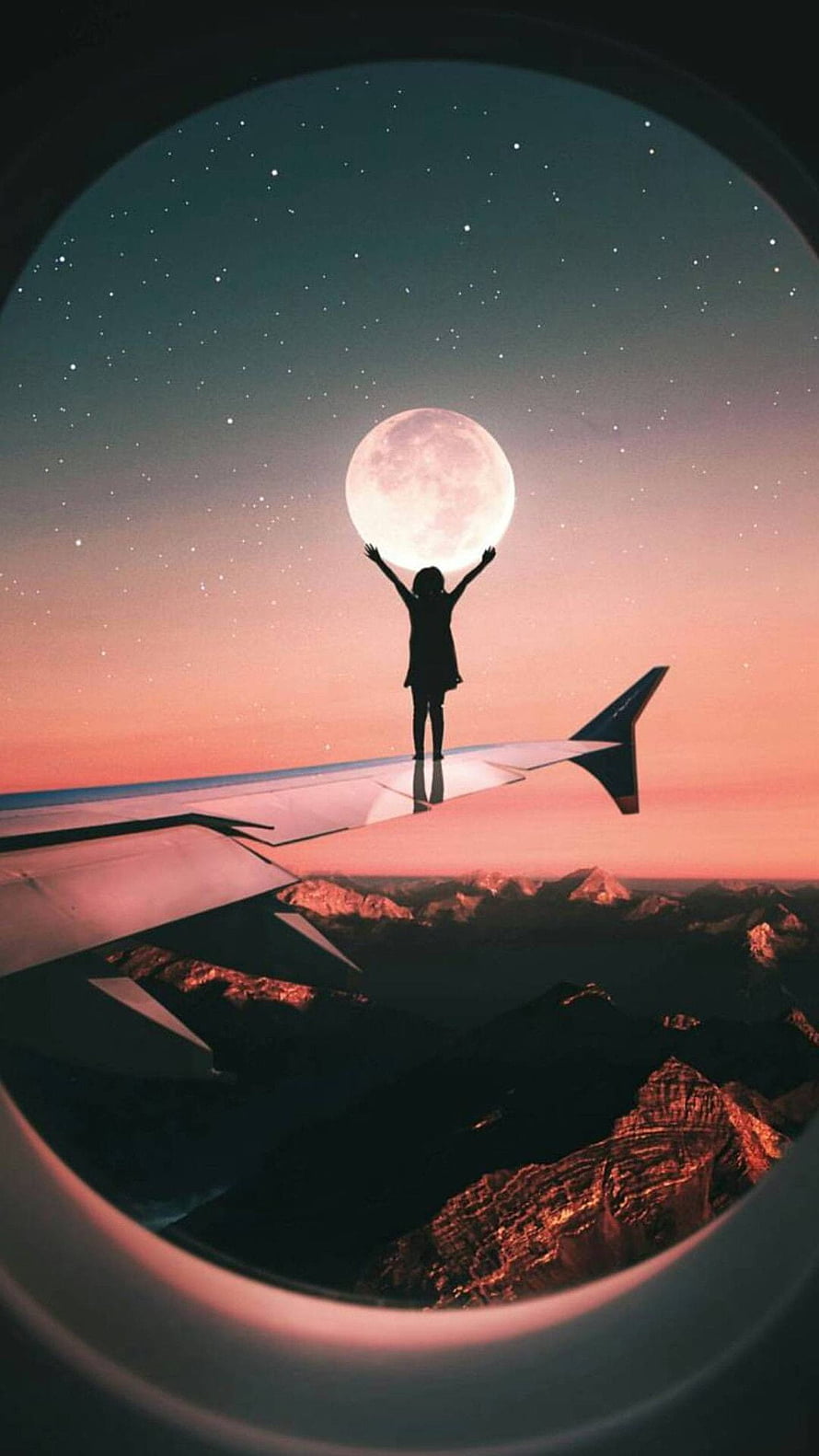 Silhouette of Girl Holding Giant Moon on Airplane Wing at Sunset HD phone wallpaper